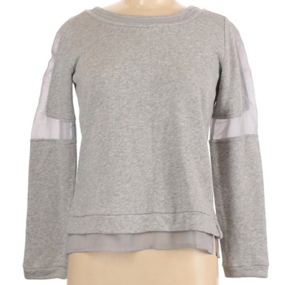 Gray Long Sleeve Top with Sheer Accent‎ Panels, Casual Pullover
